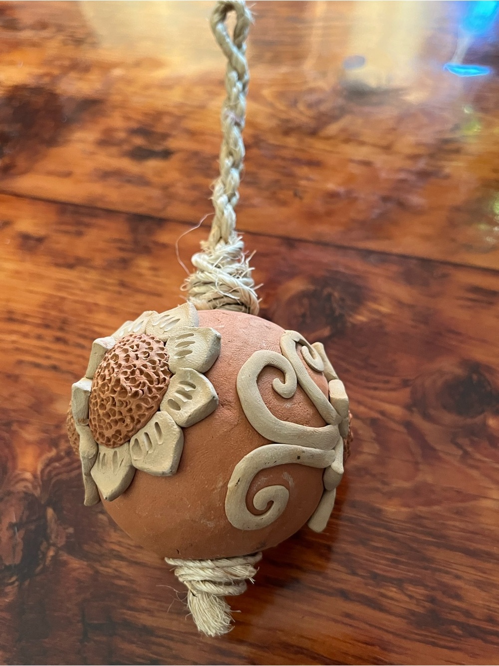 Handmade Terra Cotta Sunflower Hanging Ornament - Tan & Cream